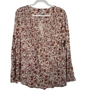 Lucky Brand Womens XL Floral Smocked Split Long Sleeve Boho Top Cream Brown